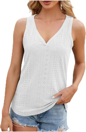 Women's Tank Tops Casual V Neck Summer Tops Sleeveless Eyelet Tunic Shirts 2024 Trendy Cami Knit Shirt Y2k Streetwear