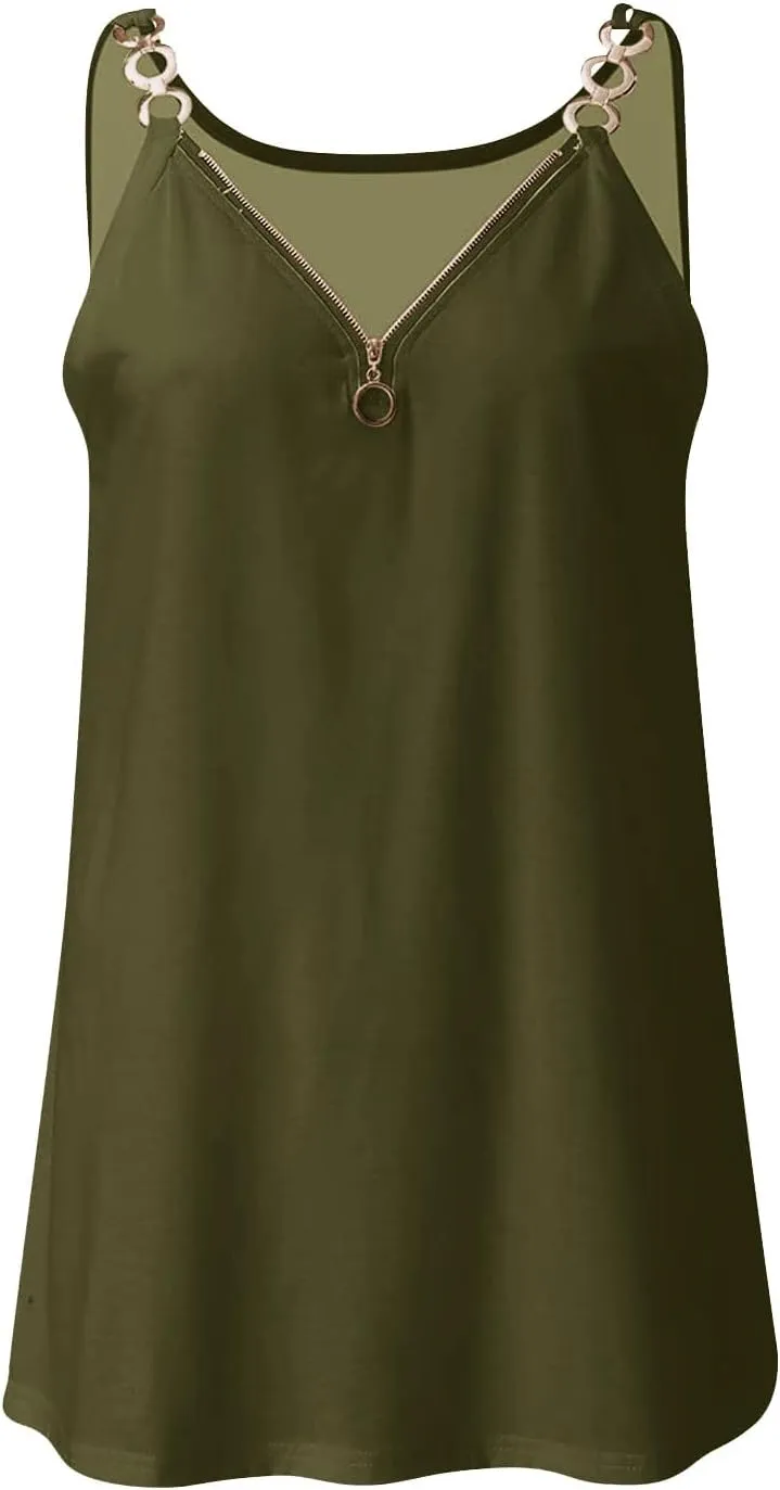 Women's Tank Tops Summer Fashion Half Zipper V Neck Sleeveless Blouses Casual Solid Loose Elegant Swing Beach Shirts