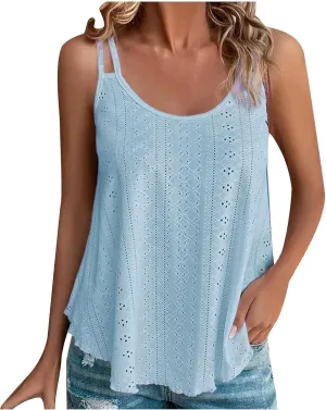 Womens Tank Tops Summer Sleeveless Casual Spaghetti Strap Blouses Eyelet Embroidery Scoop Neck Loose Fit Shirts