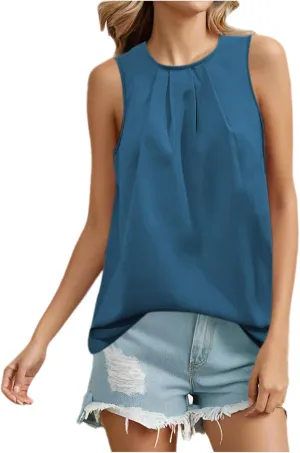 Women's Tank Tops Summer Solid Color Crewneck Sleeveless Pleated Blouse Casual Fashion Loose Fit Dressy Tunic Shirts