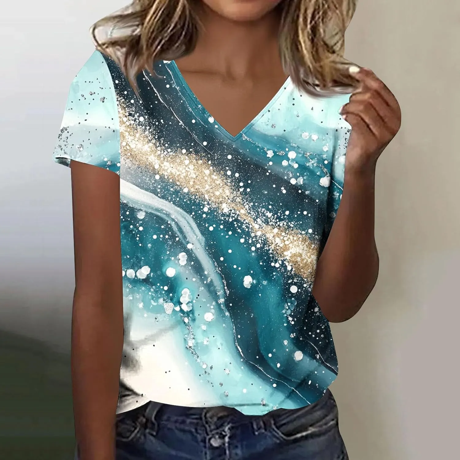 Women's Tie Dye T Shirt Casual V Neck Summer Tops Blouse Loose Fit Short Sleeve Floral Shirts Tunic Cute Graphic Tees
