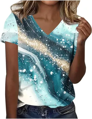 Women's Tie Dye T Shirt Casual V Neck Summer Tops Blouse Loose Fit Short Sleeve Floral Shirts Tunic Cute Graphic Tees