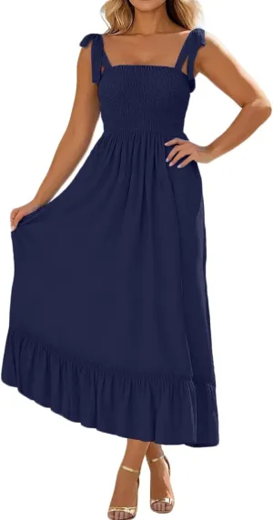 Women's Tie Shoulder Maxi Dresses Summer Boho Spaghetti Strap Square Neck Dress Ruffle Pleated A Line Beach Long Dress