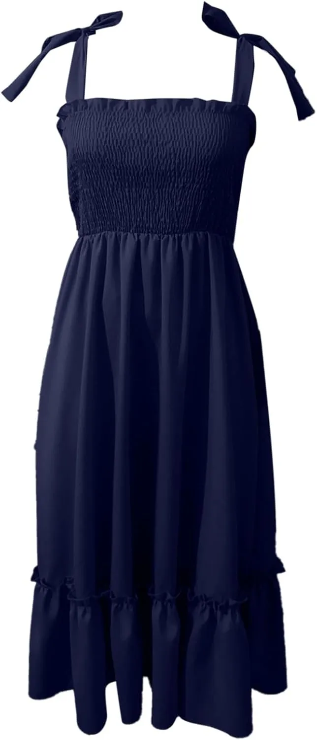 Women's Tie Shoulder Maxi Dresses Summer Boho Spaghetti Strap Square Neck Dress Ruffle Pleated A Line Beach Long Dress