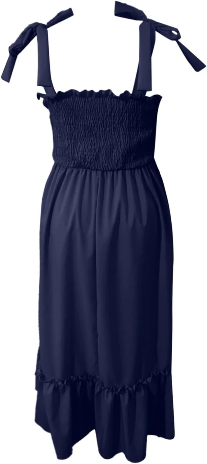 Women's Tie Shoulder Maxi Dresses Summer Boho Spaghetti Strap Square Neck Dress Ruffle Pleated A Line Beach Long Dress