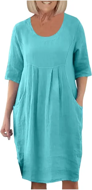 Womens V Neck 3/4 Sleeve Casual Loose Shift Tunic Smock Summer Dresses Vacation Dress with Pocket, Large