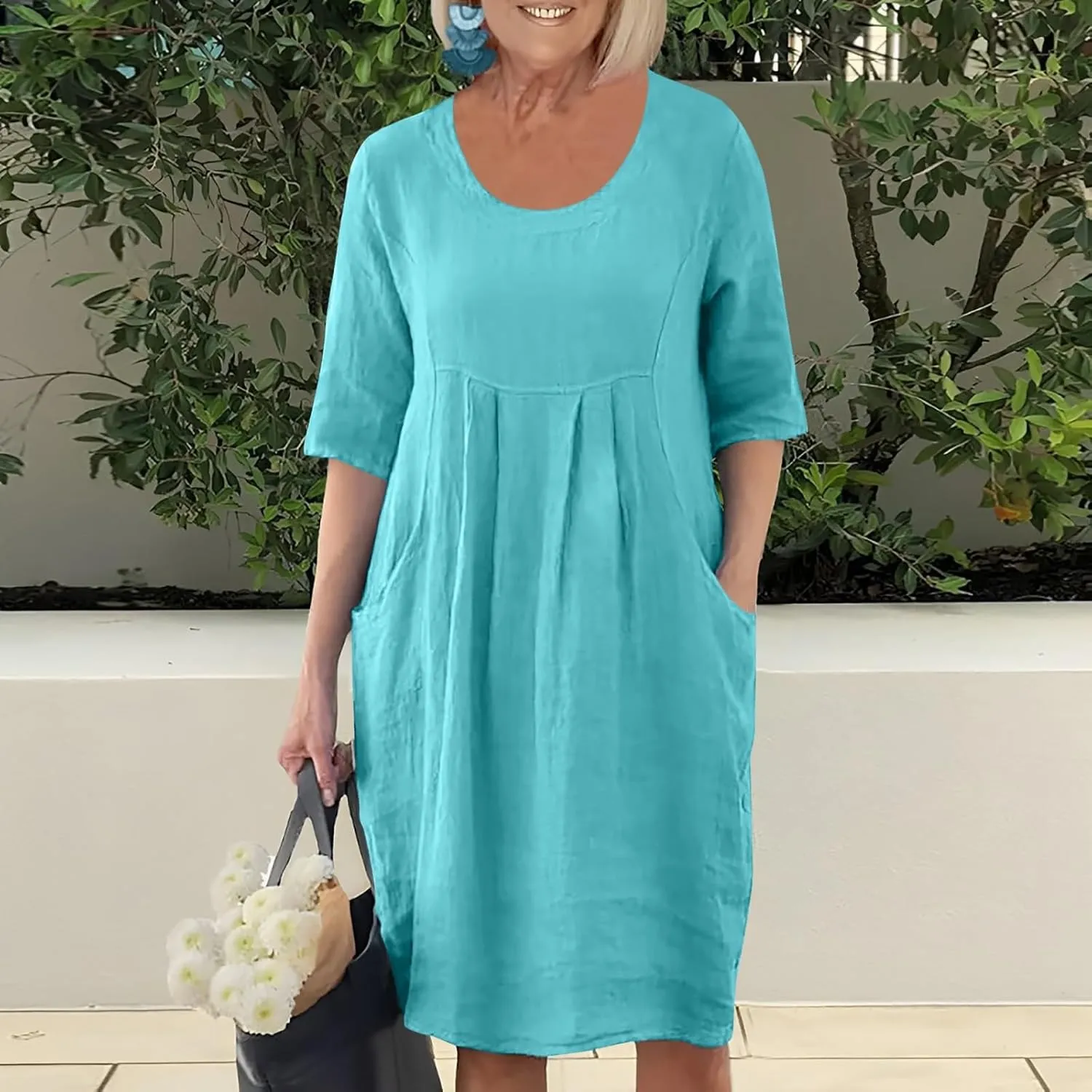 Womens V Neck 3/4 Sleeve Casual Loose Shift Tunic Smock Summer Dresses Vacation Dress with Pocket, Large