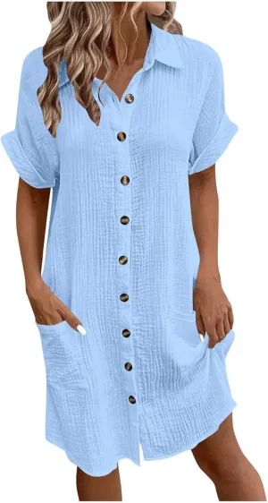 Women's V-Neck Button Down Shirt Dress Roll Short Sleeve Work Dresses Casual Flowy Beach Sundress with Pockets