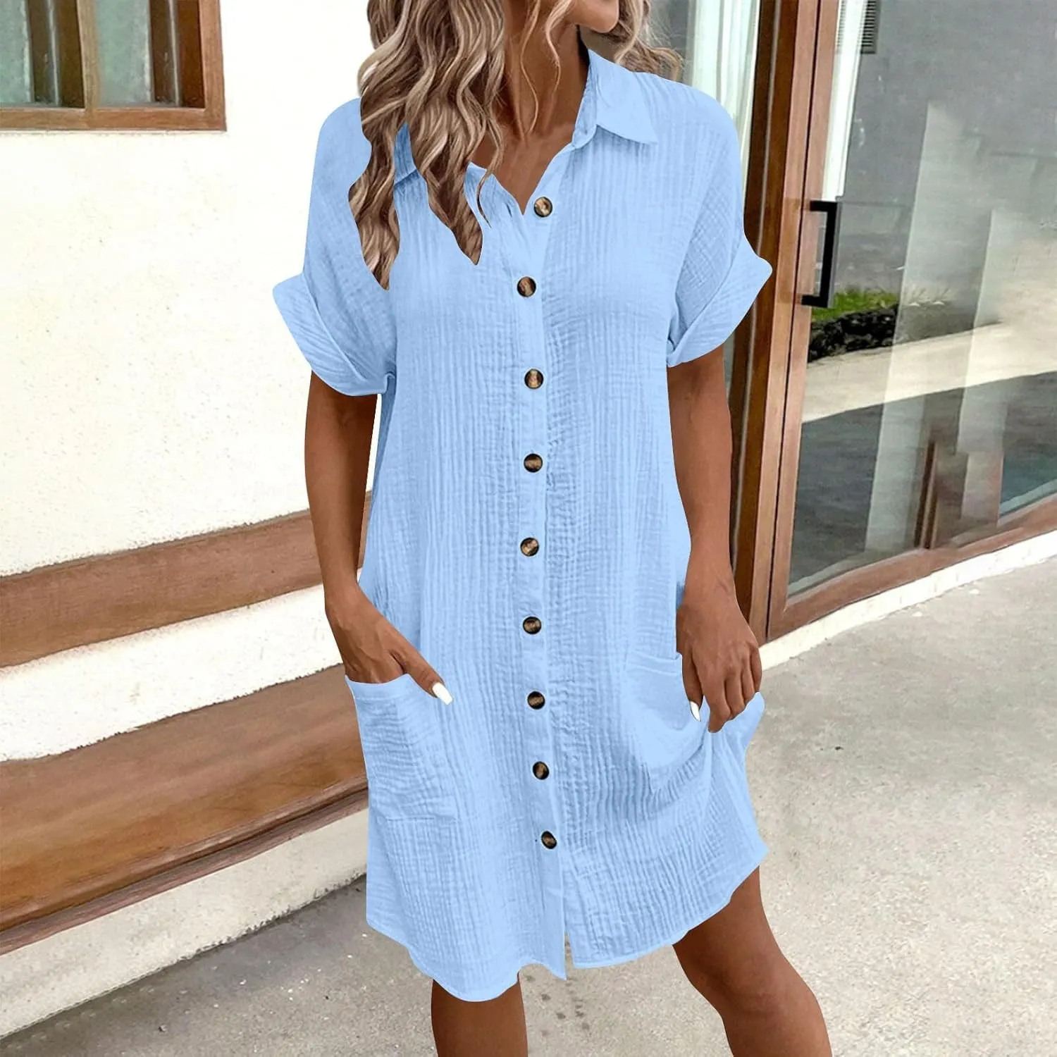 Women's V-Neck Button Down Shirt Dress Roll Short Sleeve Work Dresses Casual Flowy Beach Sundress with Pockets