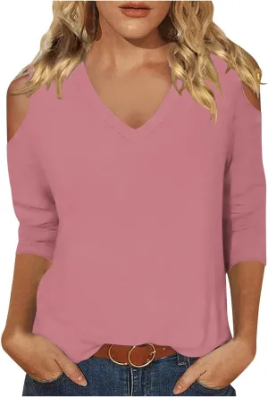 Womens V Neck Cold Shoulder 3/4 Sleeve Tops Casual Shirt Dressy Blouse Trendy Tshirts Gifts for Her Fashion Cothes Tee