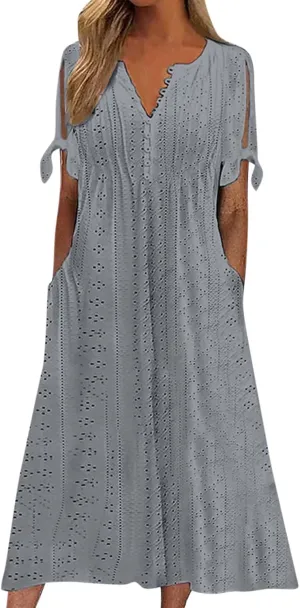Women's Vacation Outfits Summer Casual Loose Trendy Short Sleeve V-Neck Button Solid Color Sun Dress, S-3XL