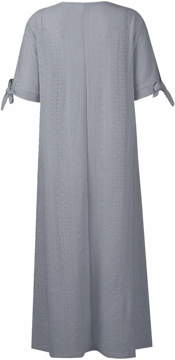 Women's Vacation Outfits Summer Casual Loose Trendy Short Sleeve V-Neck Button Solid Color Sun Dress, S-3XL