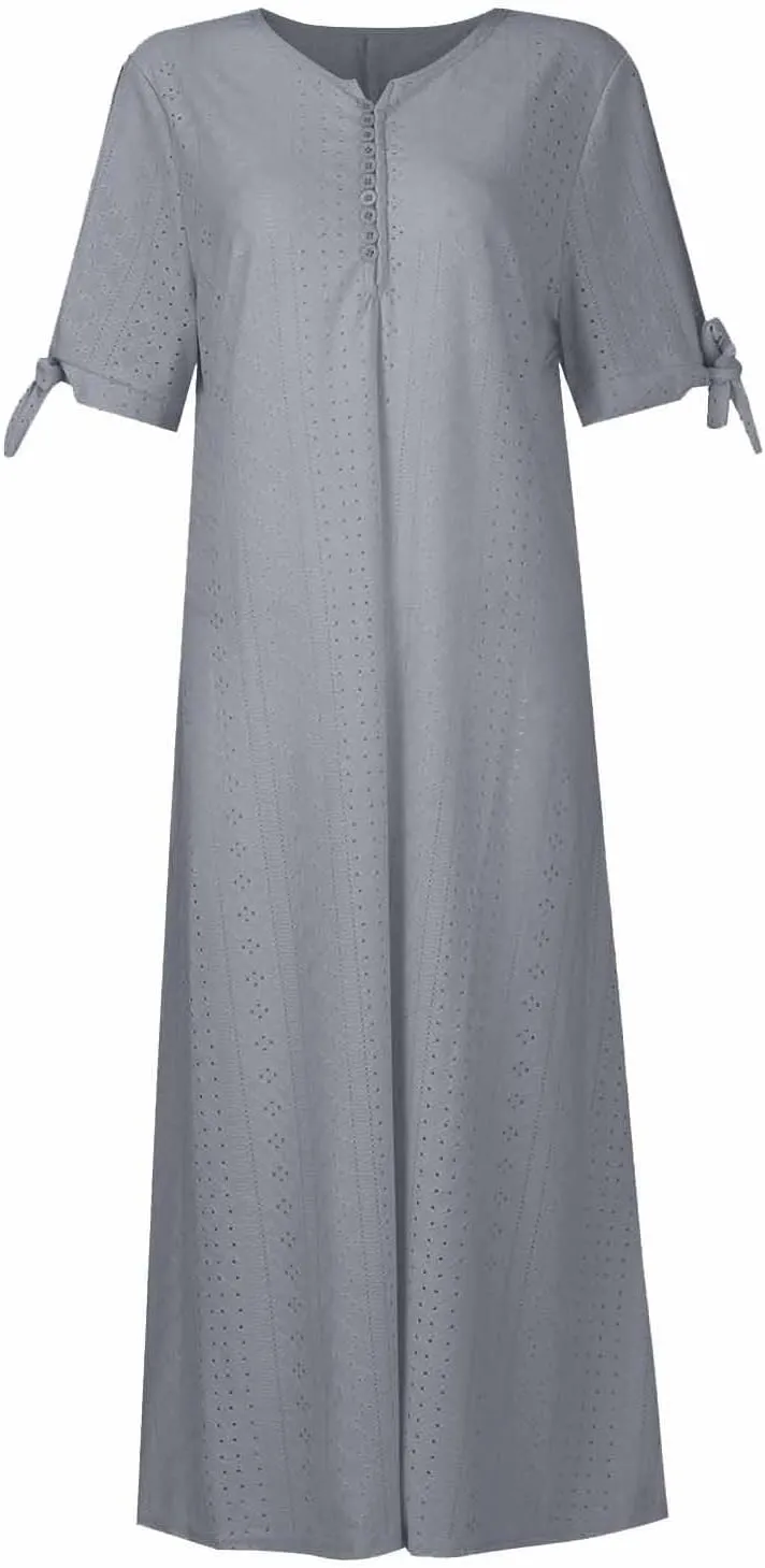 Women's Vacation Outfits Summer Casual Loose Trendy Short Sleeve V-Neck Button Solid Color Sun Dress, S-3XL