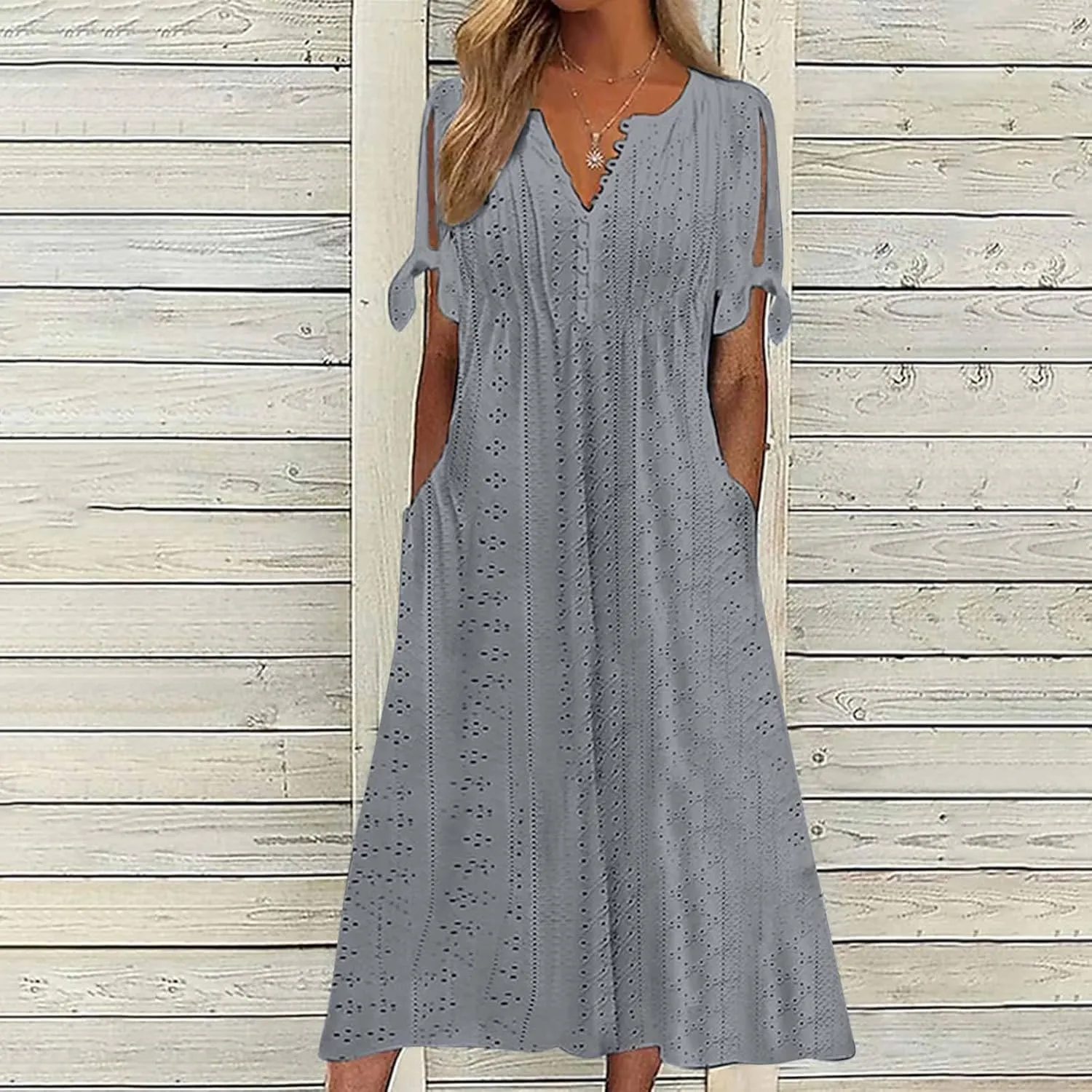 Women's Vacation Outfits Summer Casual Loose Trendy Short Sleeve V-Neck Button Solid Color Sun Dress, S-3XL