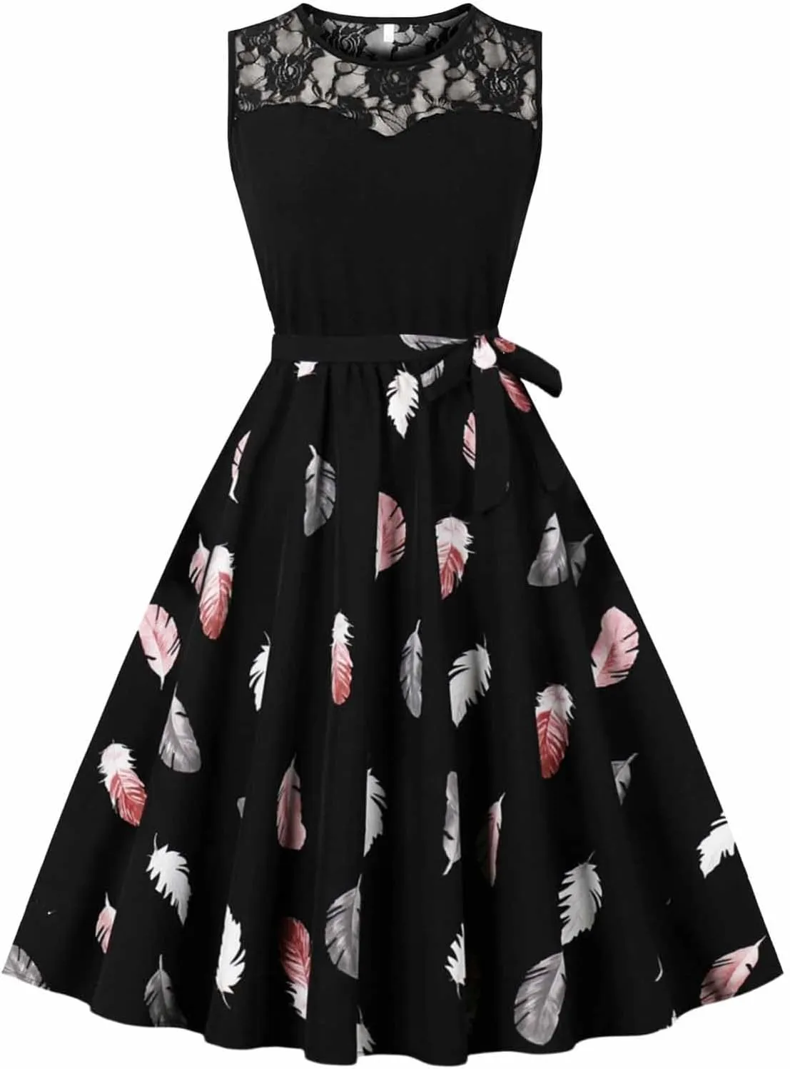 Womens Vintage Floral Lace Dresses Crewneck Sleeveless Wedding Guest Prom Party A line Cocktail Swing Dresses