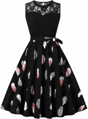 Womens Vintage Floral Lace Dresses Crewneck Sleeveless Wedding Guest Prom Party A line Cocktail Swing Dresses