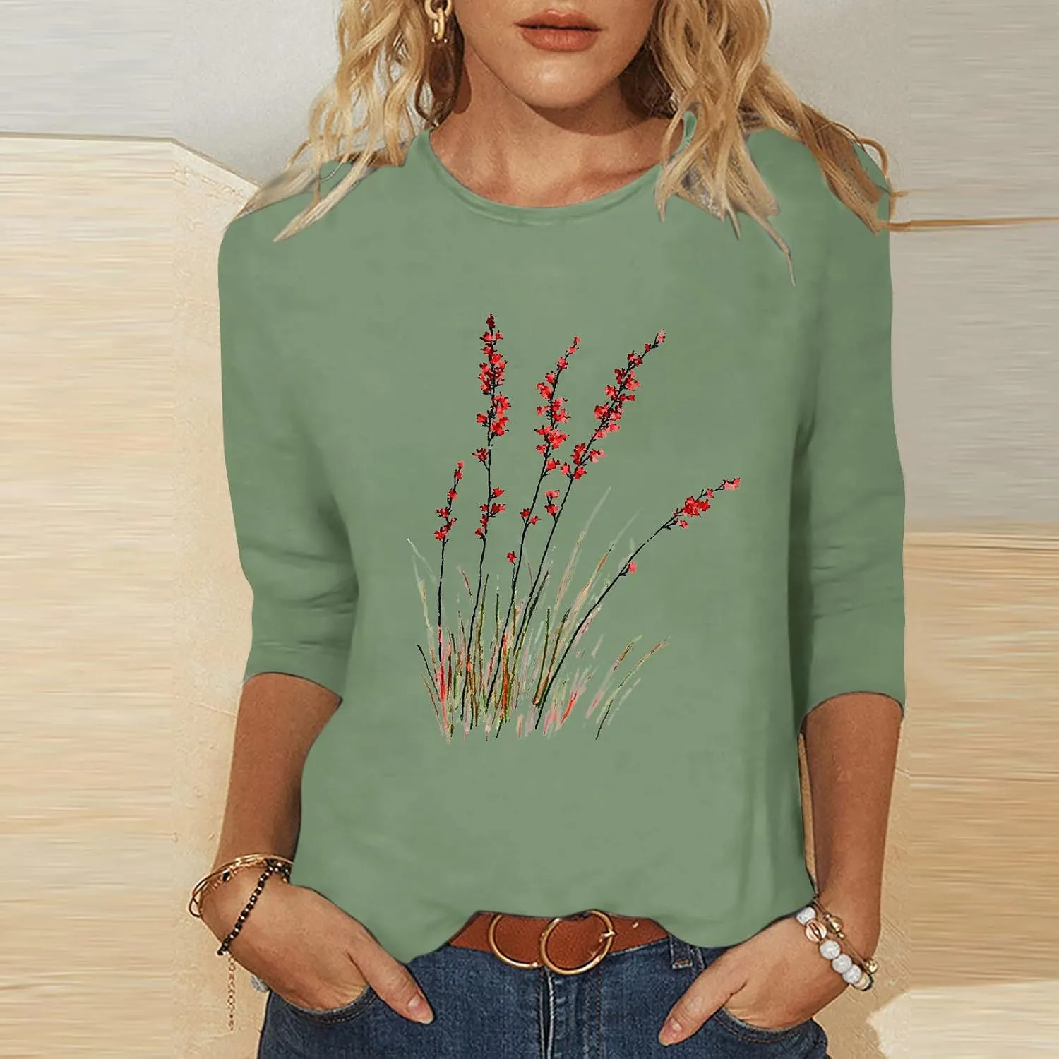 Women's Vintage Floral T Shirt 3/4 Sleeve Boho Wildflower Graphic Loose Dandelion Tees Short Sleeve Casual Tops Tees