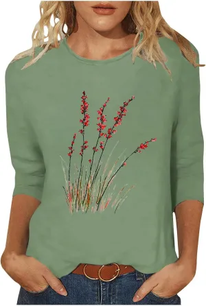 Women's Vintage Floral T Shirt 3/4 Sleeve Boho Wildflower Graphic Loose Dandelion Tees Short Sleeve Casual Tops Tees