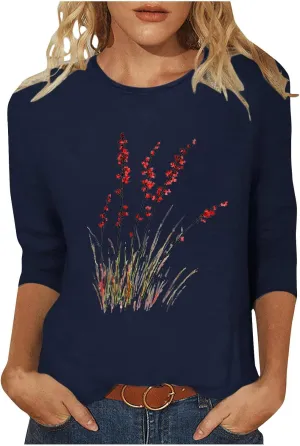 Women's Vintage Floral T Shirt 3/4 Sleeve Boho Wildflower Graphic Loose Dandelion Tees Short Sleeve Casual Tops Tees