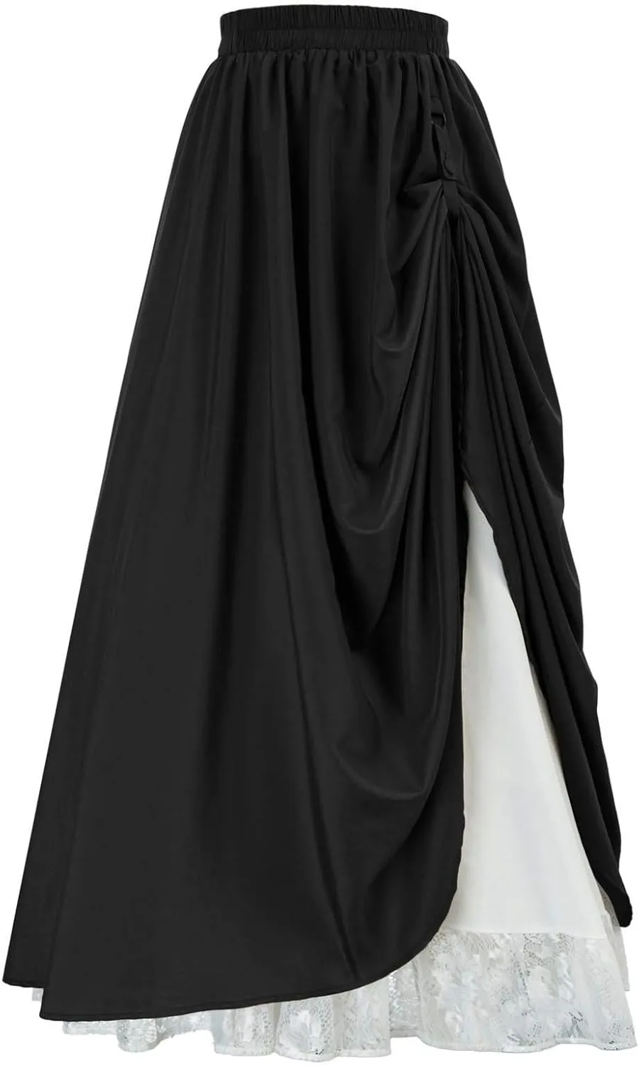Women's Vintage Maxi Long Skirt Elastic Waist Lace Trim Ruched Flowy Long Skirt Gothic Victorian Renaissance Skirts