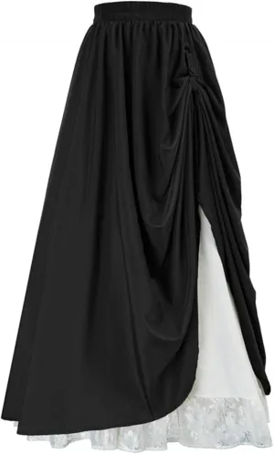 Women's Vintage Maxi Long Skirt Elastic Waist Lace Trim Ruched Flowy Long Skirt Gothic Victorian Renaissance Skirts