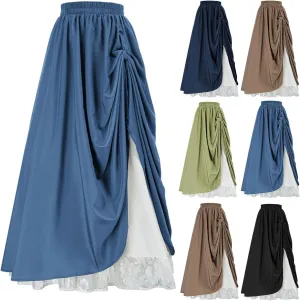 Women's Vintage Maxi Long Skirt Elastic Waist Lace Trim Ruched Flowy Long Skirt Gothic Victorian Renaissance Skirts