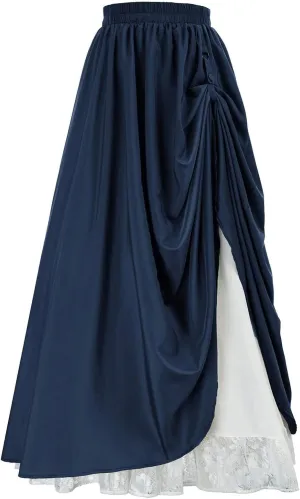 Women's Vintage Maxi Long Skirt Elastic Waist Lace Trim Ruched Flowy Long Skirt Gothic Victorian Renaissance Skirts