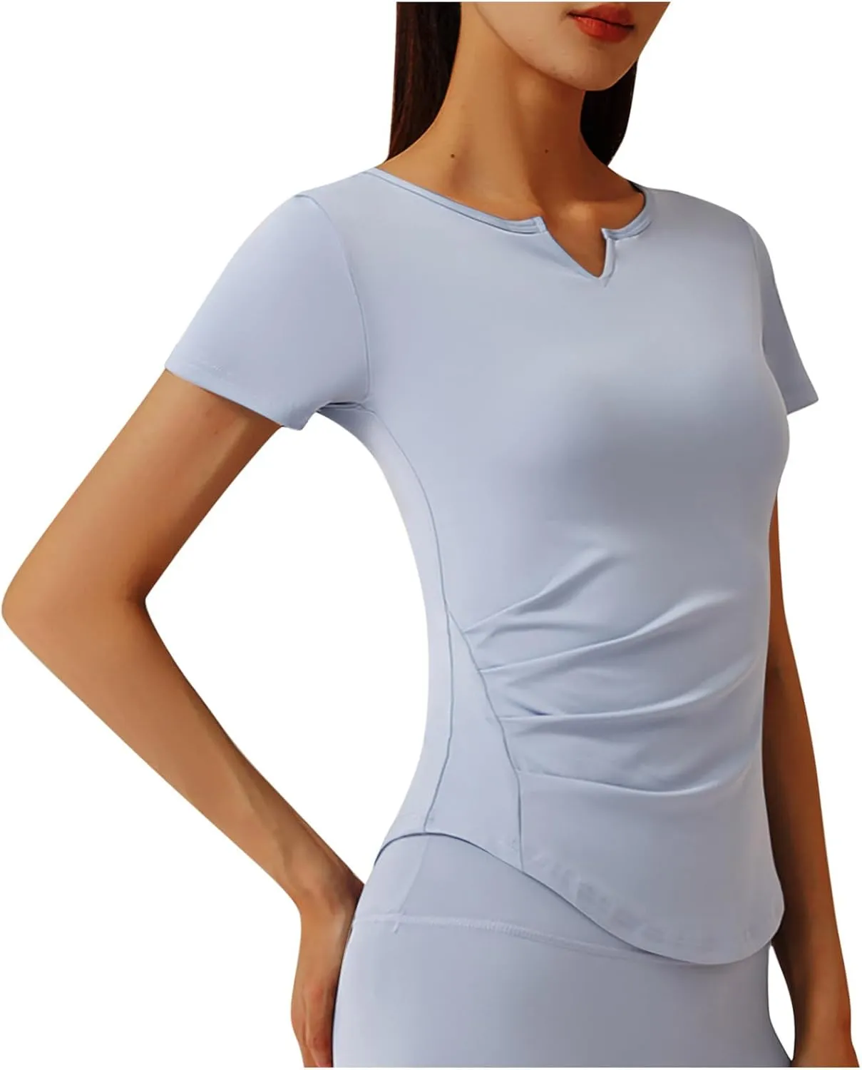 Women's Workout Tops Short Sleeve Gym Shirts Summer Sports Athletic Yoga Tshirts Slim Fit Casual Notched V Neck Tee