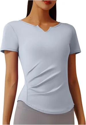 Women's Workout Tops Short Sleeve Gym Shirts Summer Sports Athletic Yoga Tshirts Slim Fit Casual Notched V Neck Tee