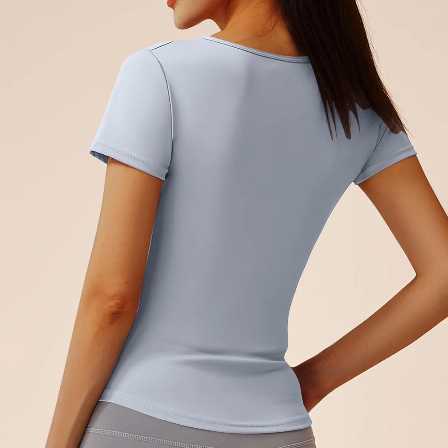 Women's Workout Tops Short Sleeve Gym Shirts Summer Sports Athletic Yoga Tshirts Slim Fit Casual Notched V Neck Tee