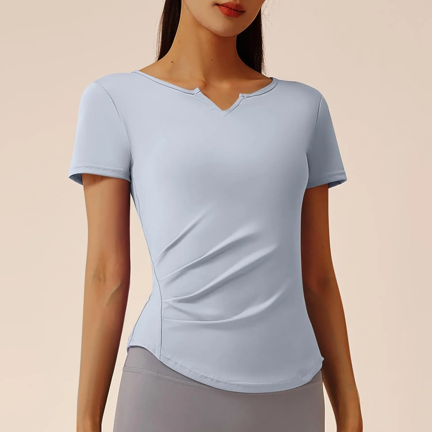 Women's Workout Tops Short Sleeve Gym Shirts Summer Sports Athletic Yoga Tshirts Slim Fit Casual Notched V Neck Tee