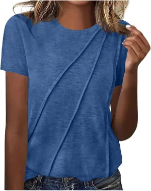 Womens Wrap Pleated Front T-Shirts Fashion Comfy Short Sleeve Tee Tops Casual Loose Fit Crewneck Solid Blouse Tunics