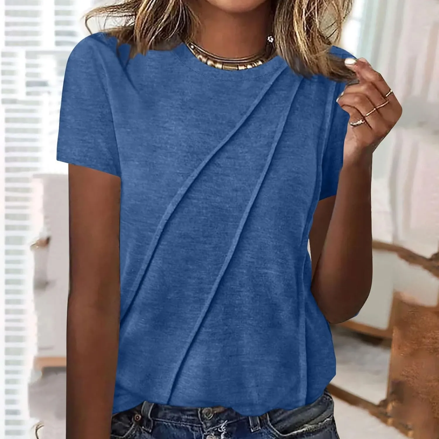 Womens Wrap Pleated Front T-Shirts Fashion Comfy Short Sleeve Tee Tops Casual Loose Fit Crewneck Solid Blouse Tunics