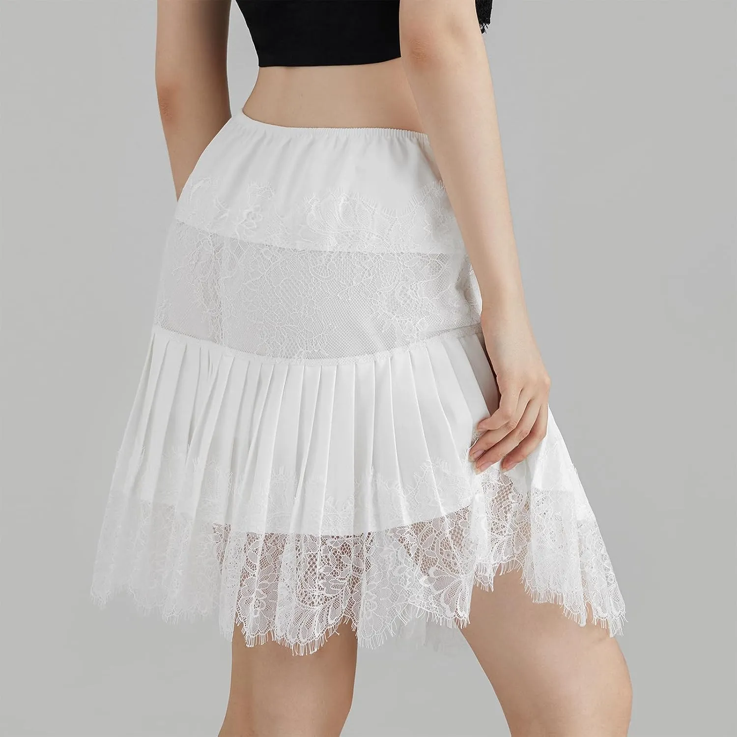 Womens Y2K Lace Mini Skirt Low Rise Pleated Ruffle Half Slip Skirt Layered Flowy Short Skirt Streetwear