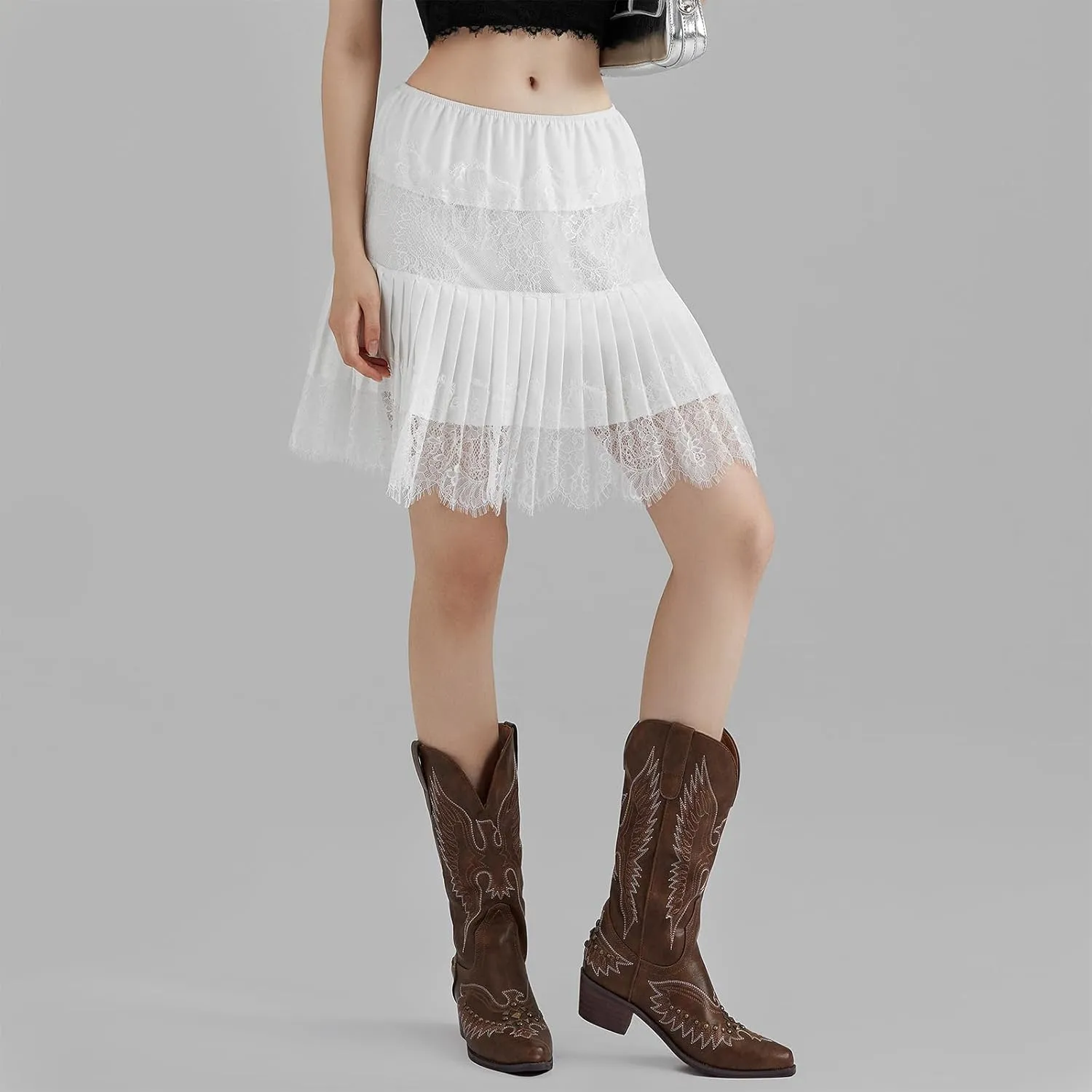 Womens Y2K Lace Mini Skirt Low Rise Pleated Ruffle Half Slip Skirt Layered Flowy Short Skirt Streetwear