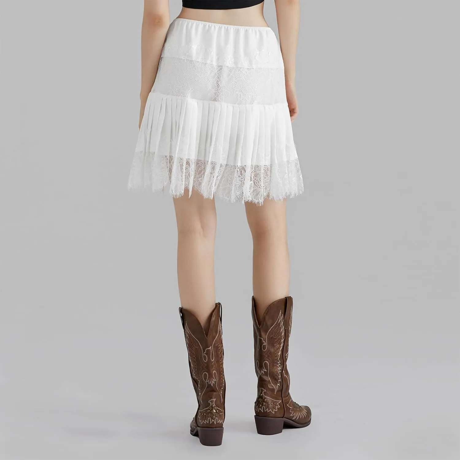 Womens Y2K Lace Mini Skirt Low Rise Pleated Ruffle Half Slip Skirt Layered Flowy Short Skirt Streetwear
