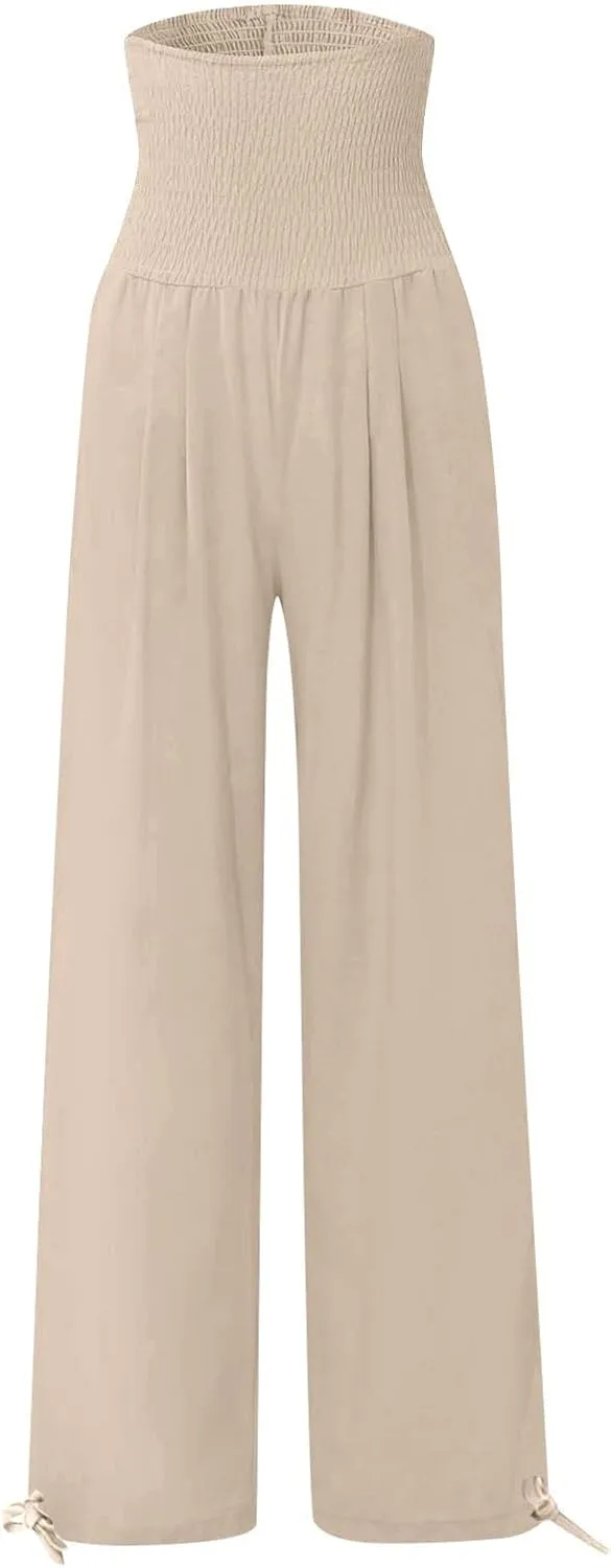 Zkuisw Linen Pants Women 2024 Solid High Elastic Waist Wide Leg Pants Casual Loose Cotton Linen Straight Bottoms with Pockets