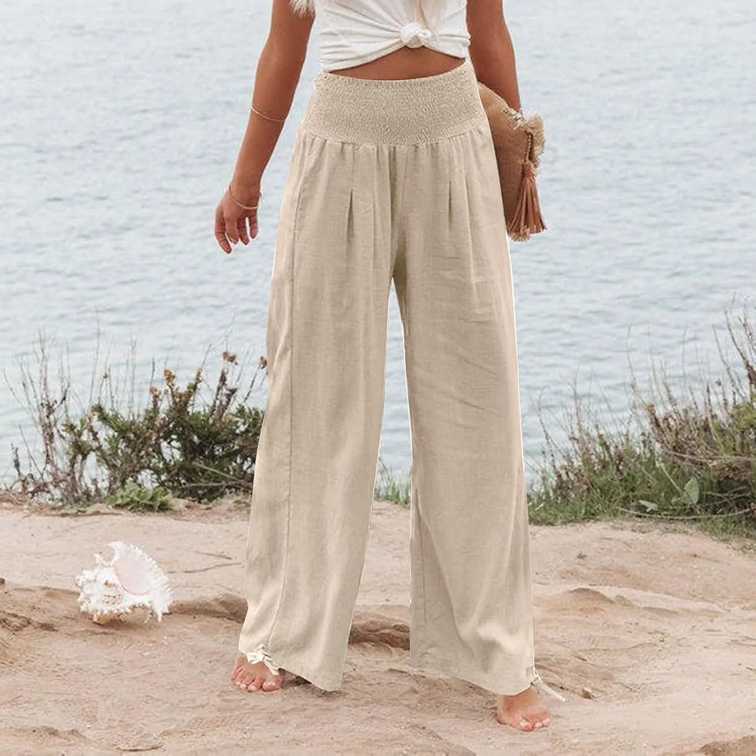 Zkuisw Linen Pants Women 2024 Solid High Elastic Waist Wide Leg Pants Casual Loose Cotton Linen Straight Bottoms with Pockets