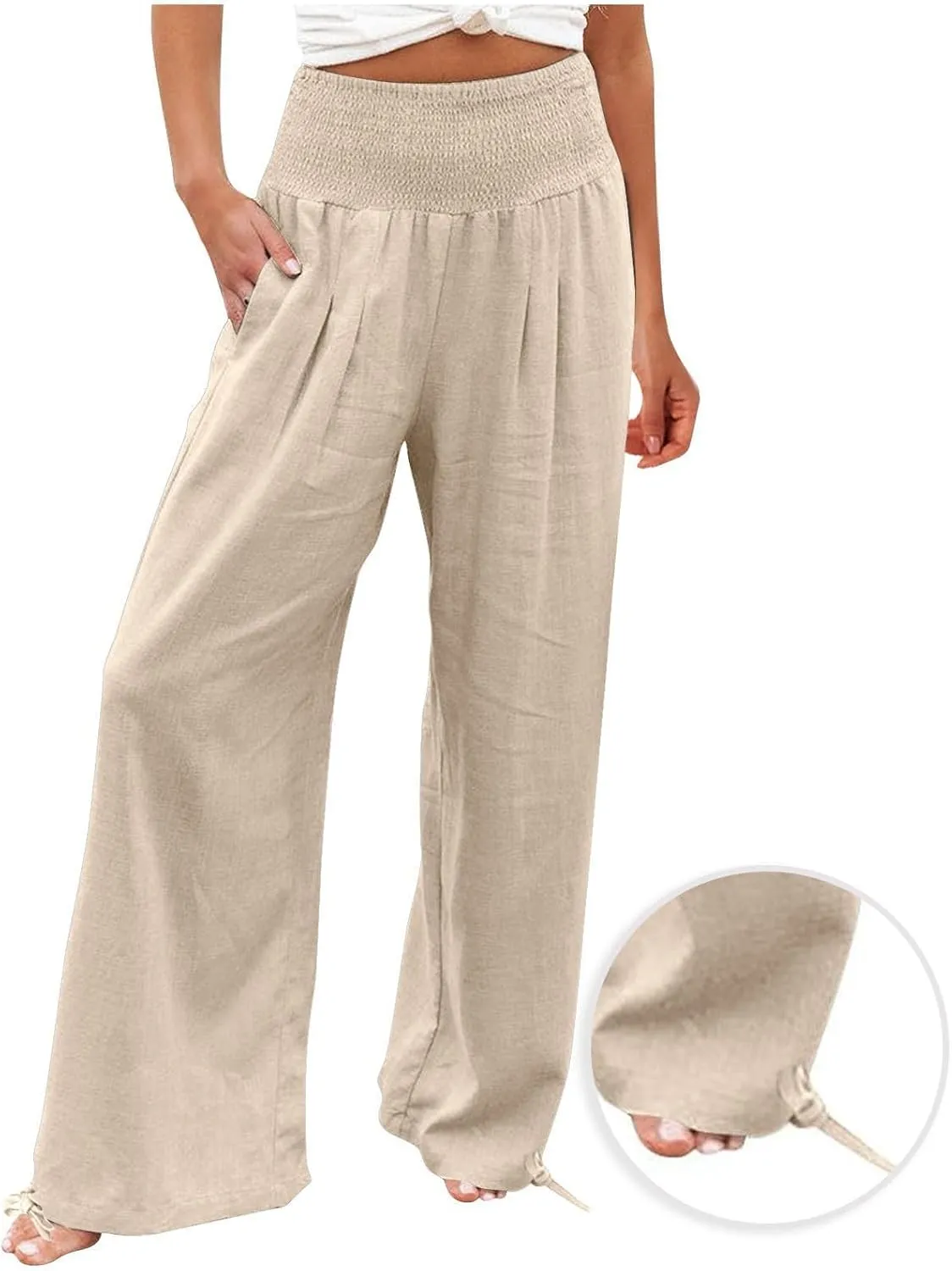 Zkuisw Linen Pants Women 2024 Solid High Elastic Waist Wide Leg Pants Casual Loose Cotton Linen Straight Bottoms with Pockets