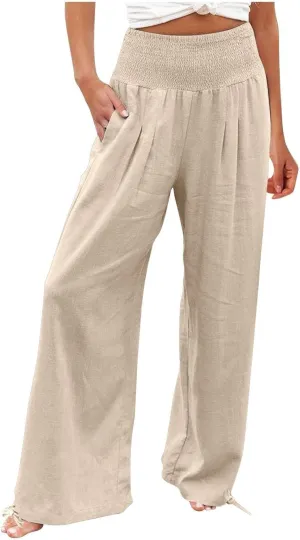 Zkuisw Linen Pants Women 2024 Solid High Elastic Waist Wide Leg Pants Casual Loose Cotton Linen Straight Bottoms with Pockets