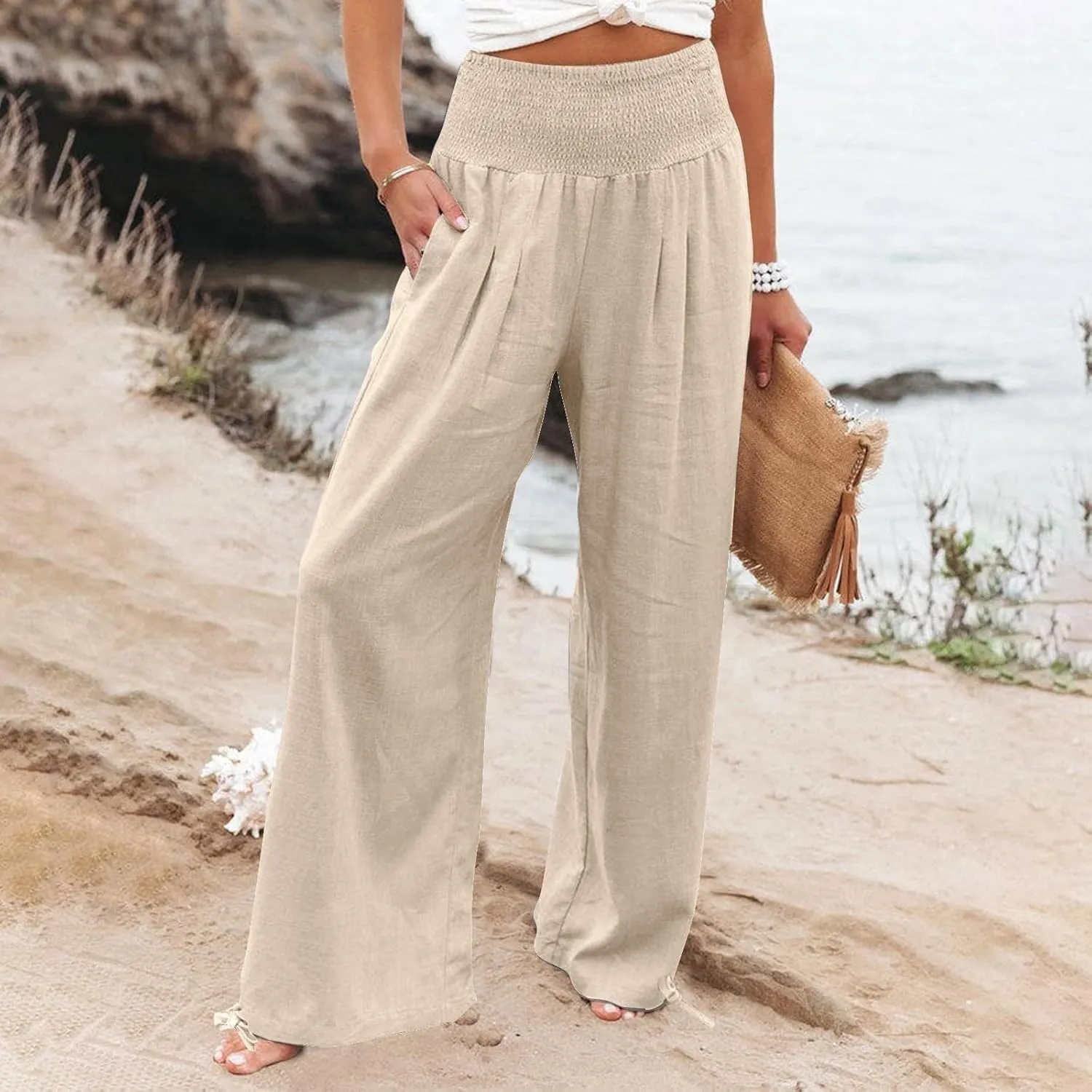 Zkuisw Linen Pants Women 2024 Solid High Elastic Waist Wide Leg Pants Casual Loose Cotton Linen Straight Bottoms with Pockets