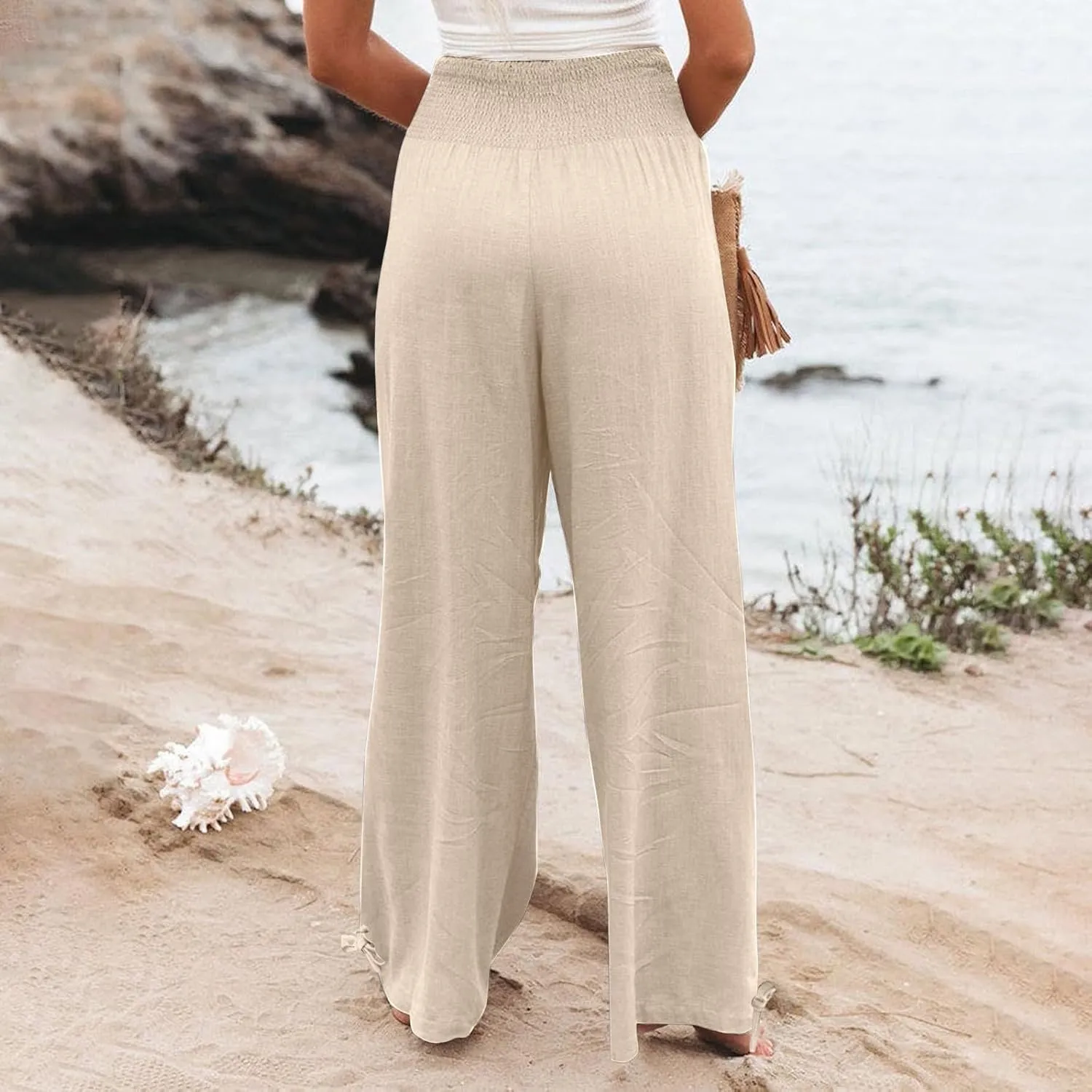 Zkuisw Linen Pants Women 2024 Solid High Elastic Waist Wide Leg Pants Casual Loose Cotton Linen Straight Bottoms with Pockets