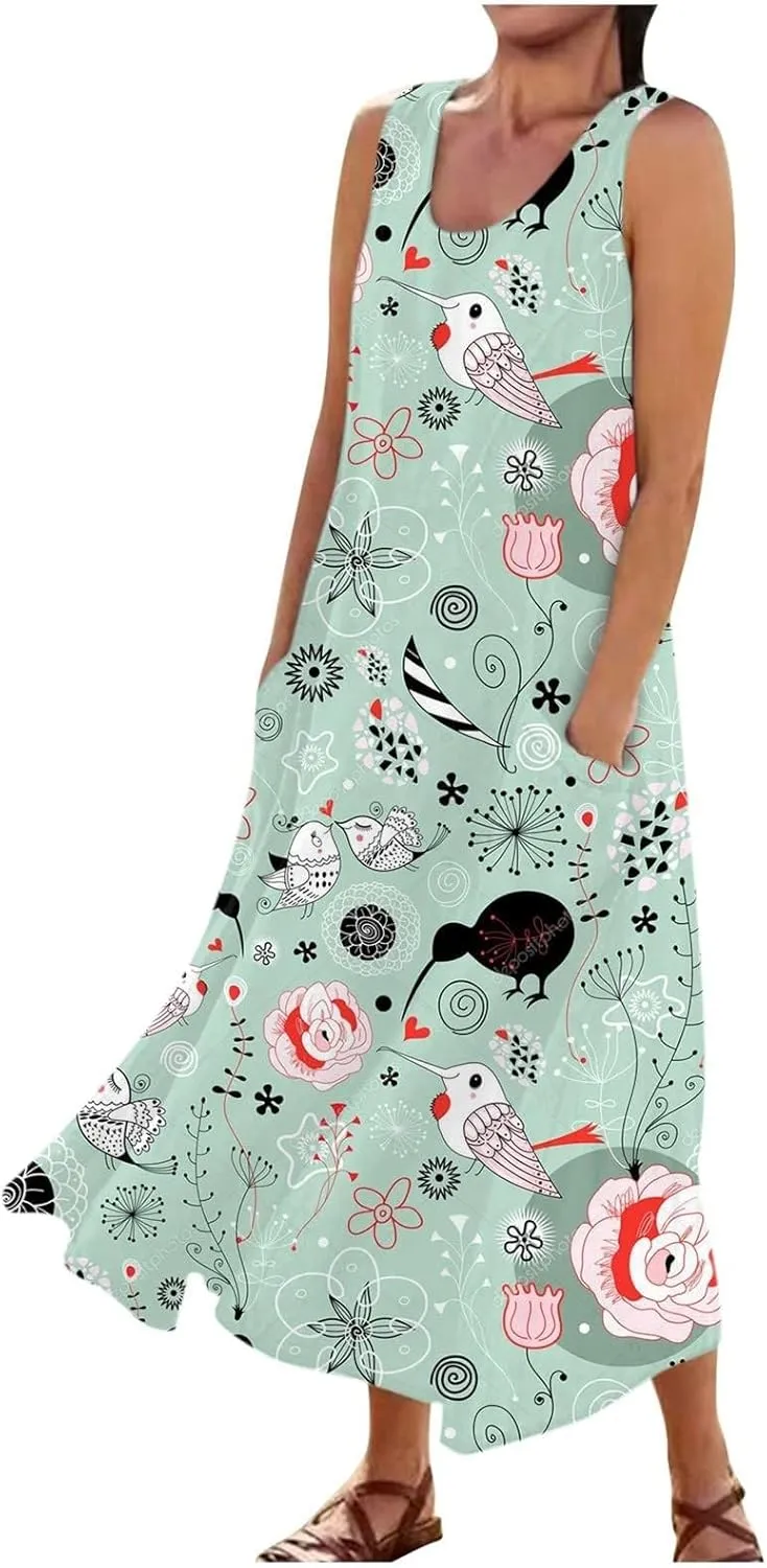 ZYXTIM Summer Sundress for Women 2024 Beach Floral Printed Sleeveless Flowy Dresses with Pockets Vintage Cute Vacation Outfit