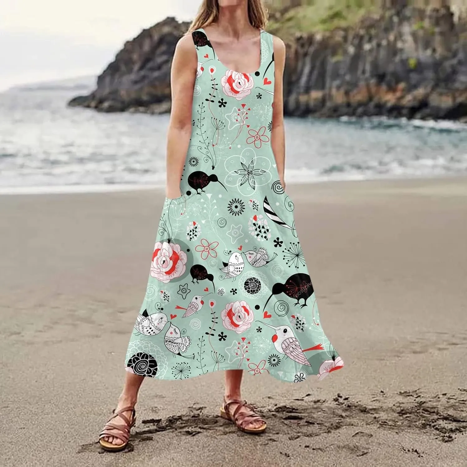 ZYXTIM Summer Sundress for Women 2024 Beach Floral Printed Sleeveless Flowy Dresses with Pockets Vintage Cute Vacation Outfit
