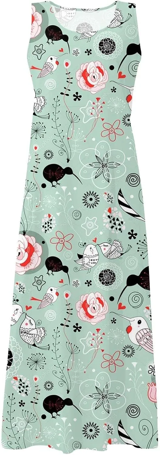 ZYXTIM Summer Sundress for Women 2024 Beach Floral Printed Sleeveless Flowy Dresses with Pockets Vintage Cute Vacation Outfit