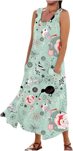 ZYXTIM Summer Sundress for Women 2024 Beach Floral Printed Sleeveless Flowy Dresses with Pockets Vintage Cute Vacation Outfit