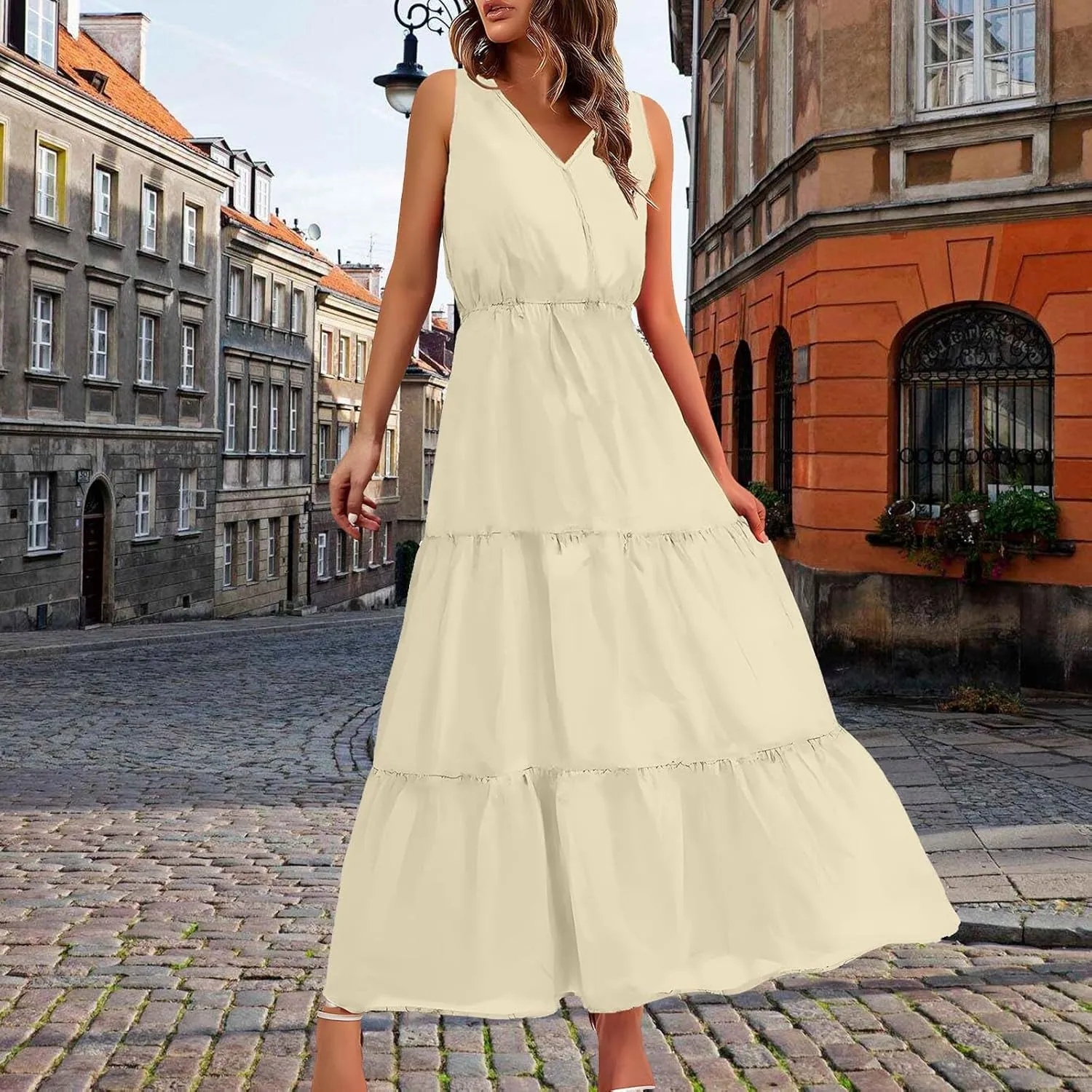ZYXTIM Women's 2024 Summer Floral Boho Dress V Neck Elastic Waist Slim Fit Long Maxi Dress Beach Vacation Travel Guest Dress