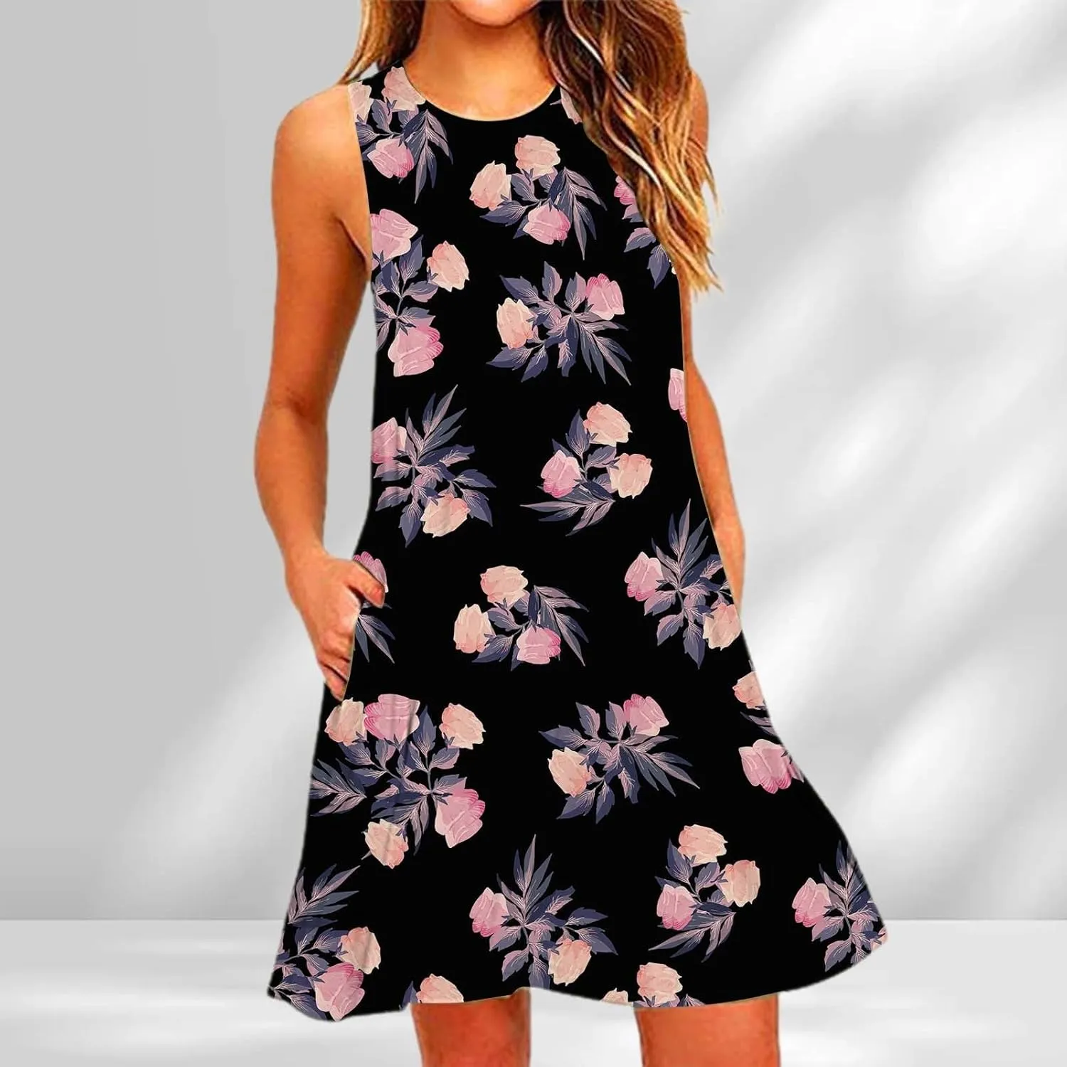 ZYXTIM Women's Summer Boho Dress Floral Print Sleeveless Square Neck Shirred Mini Dress Hawaiian Beach Sun Dress with Pockets