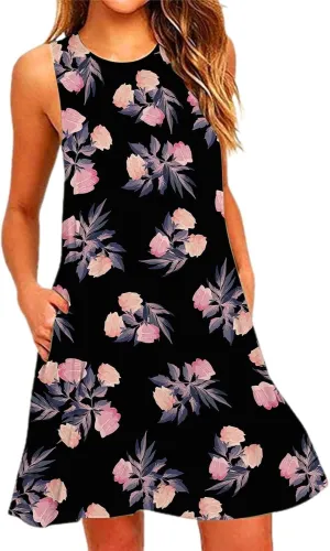 ZYXTIM Women's Summer Boho Dress Floral Print Sleeveless Square Neck Shirred Mini Dress Hawaiian Beach Sun Dress with Pockets
