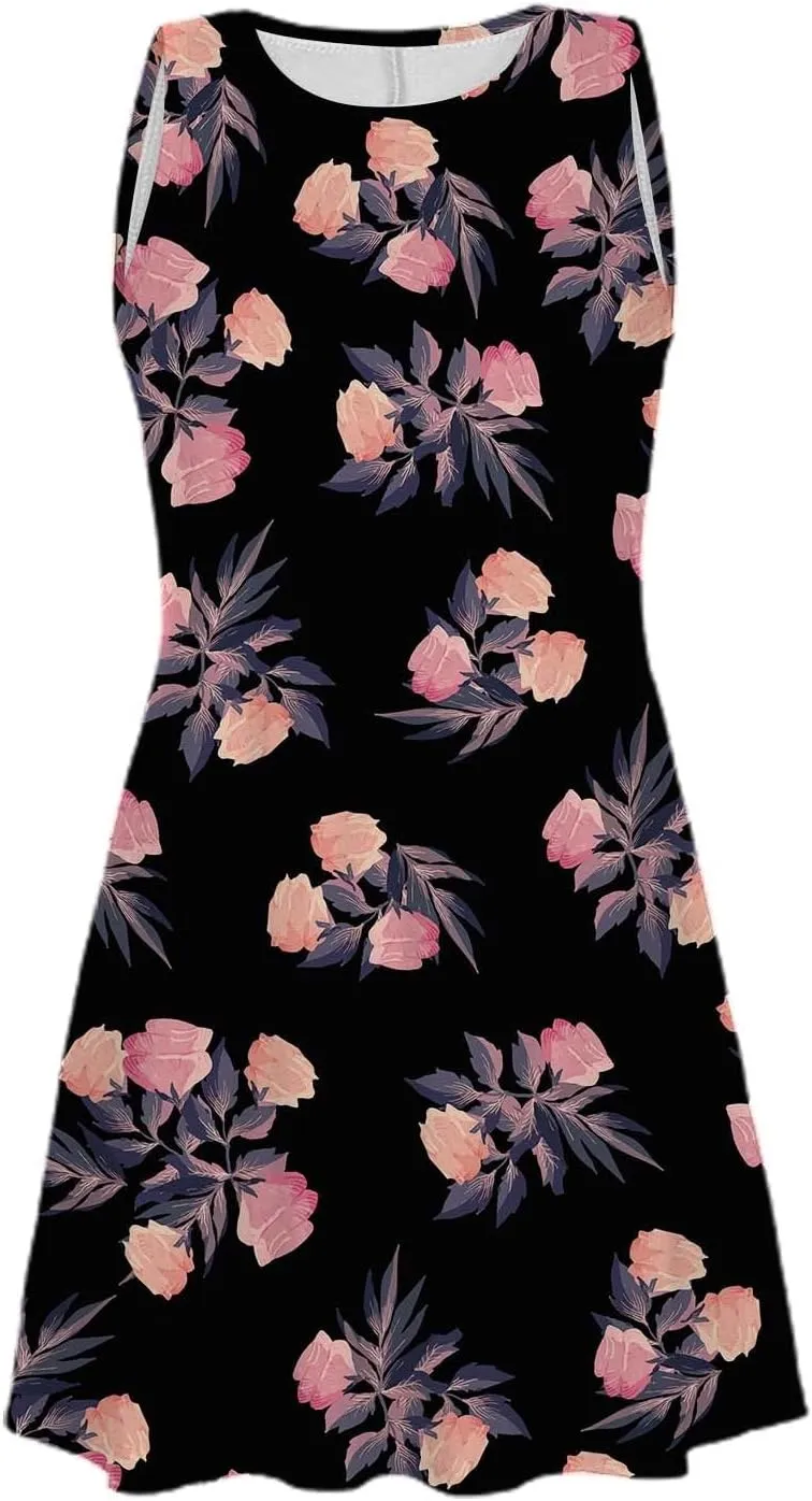 ZYXTIM Women's Summer Boho Dress Floral Print Sleeveless Square Neck Shirred Mini Dress Hawaiian Beach Sun Dress with Pockets